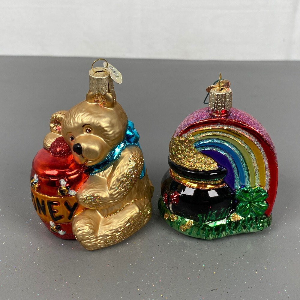 2 Old World Christmas Glass Ornaments Bear W/ Honey Pot & Rainbow Pot of Gold